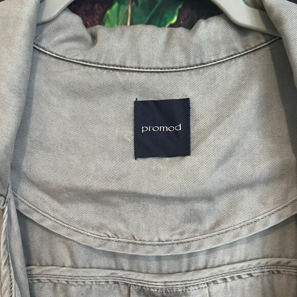 Promod Draped Trench Coat Jacket L/XL Soft Slouchy Military Collared Grey Pocket - Picture 2 of 7